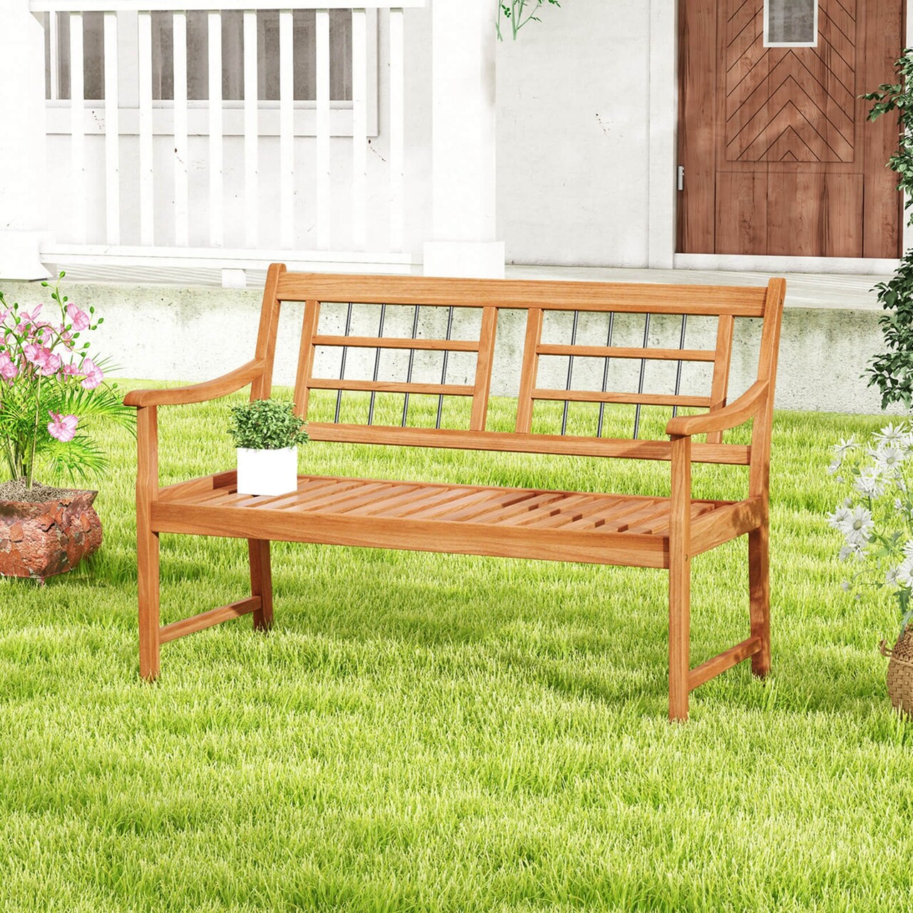 Costway Outdoor Acacia Wood Bench 2-Person Patio Bench with Slatted Seat & Backrest